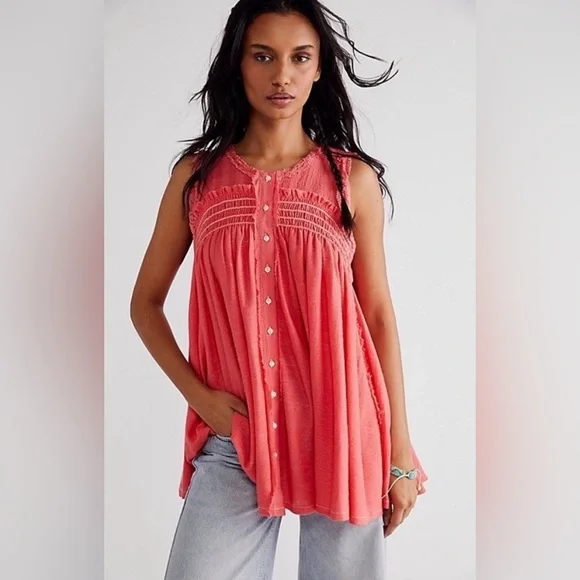 Free People Sea Breeze Tunic Top Blouse in Electropop Pink - Picture 2 of 6